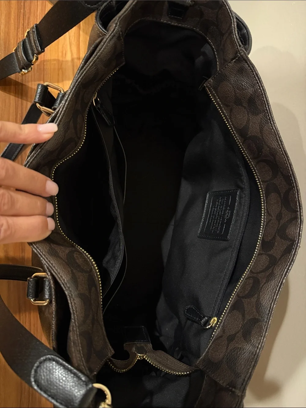 Coach Brown Signature Tote with Black Strap and Gold Accent